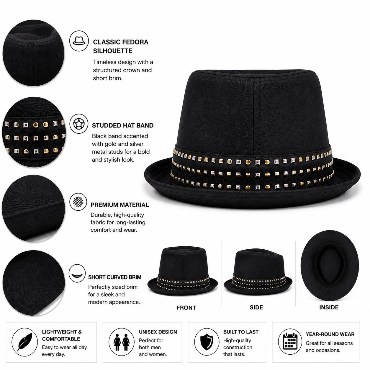 Black Studded Fedora Hat | Unisex Trilby with Metal Stud Band
