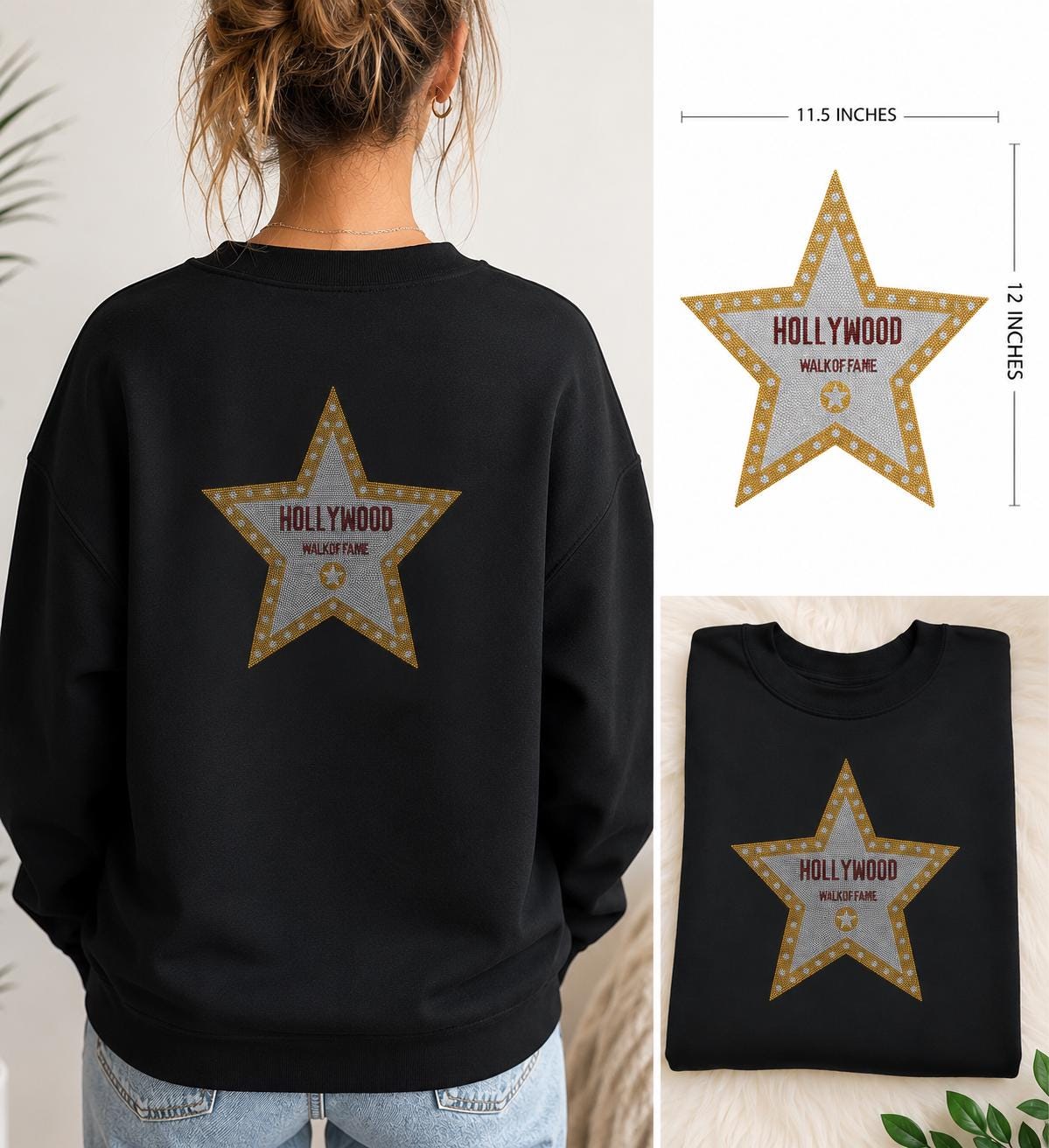 Hollywood Walk of Fame Star Rhinestone Heat Transfer | Gold Silver Bling Appliqué