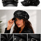 Black Faux Leather Spiked Biker Newsboy Cap | Punk Gothic Buckle Hat