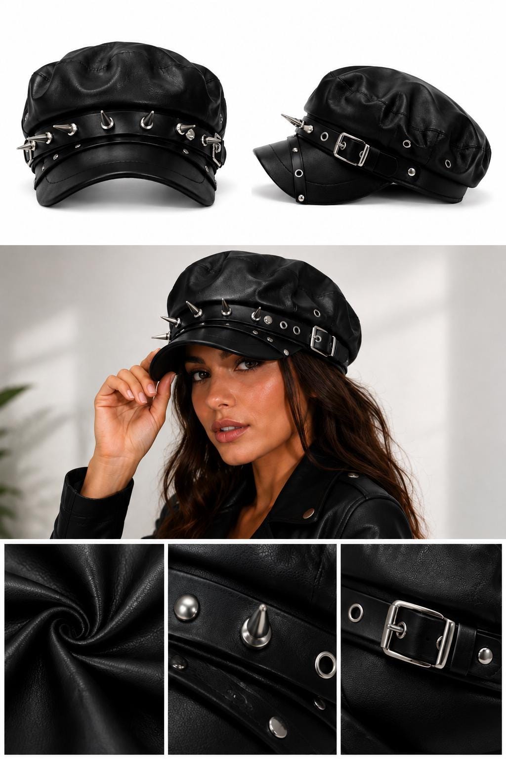 Black Faux Leather Spiked Biker Newsboy Cap | Punk Gothic Buckle Hat