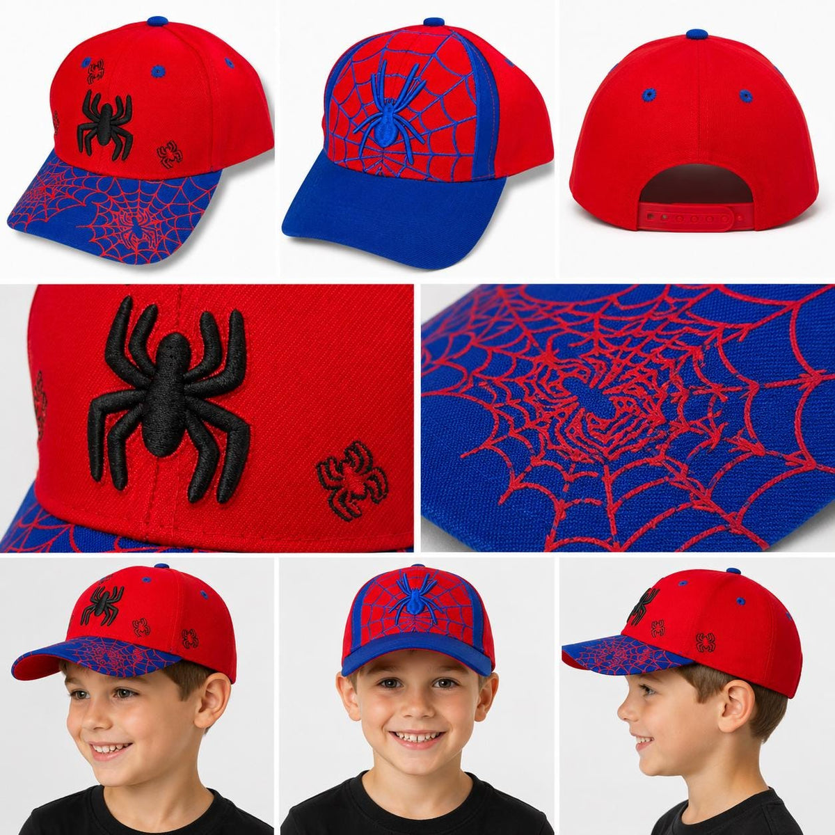 Kids Spider Web Baseball Cap | Red Blue Embroidered Spider Youth Snapback Hat