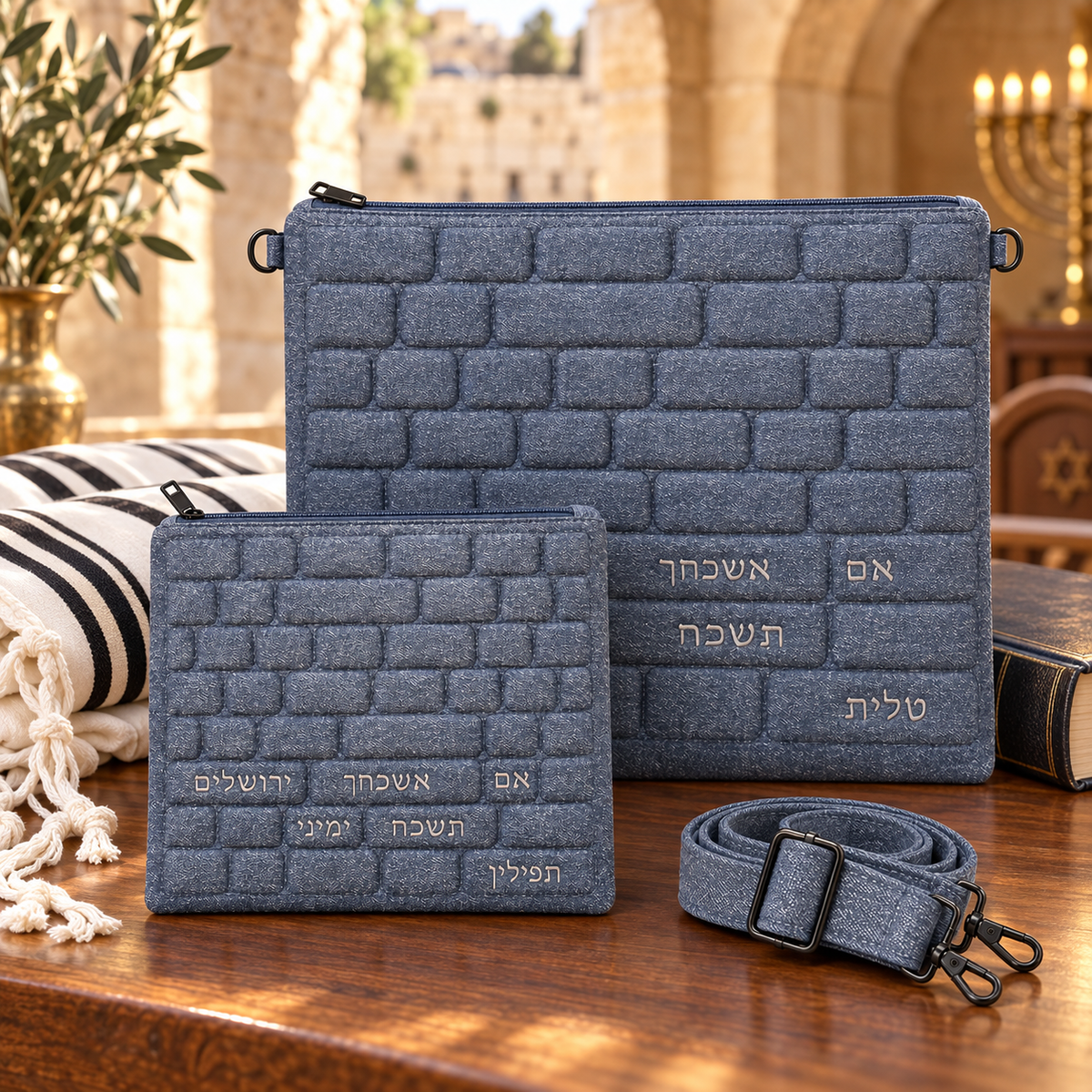 Denim blue Western Wall tallit and tefillin bag set with strap in a Jerusalem prayer setting