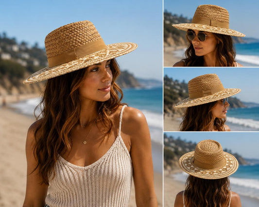Handwoven Straw Fedora Hat | Geometric Patterned Wide Brim Sun Hat
