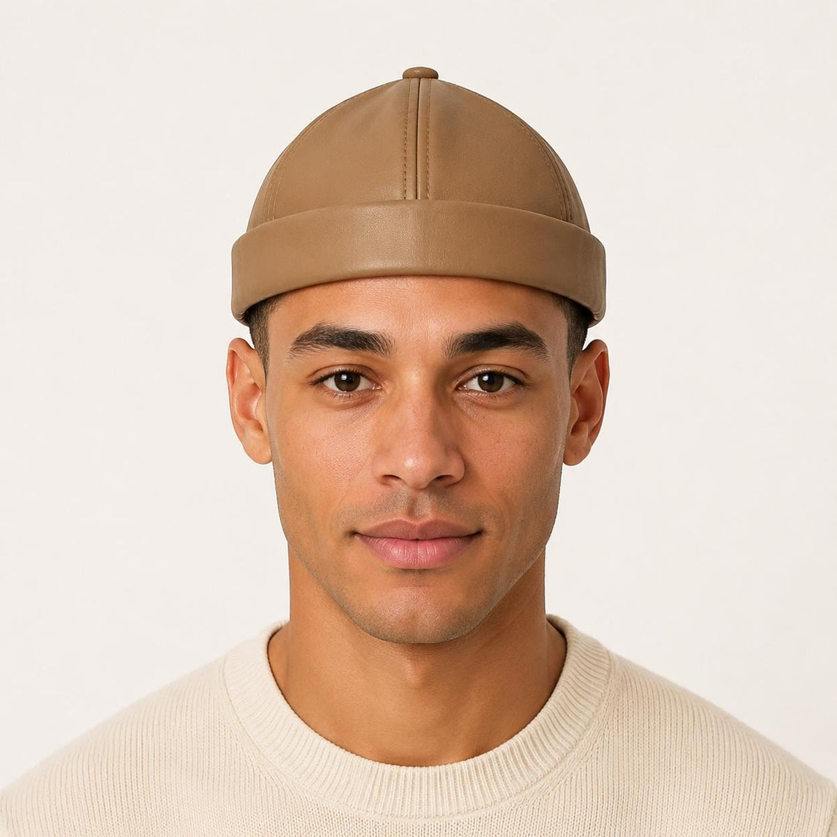 Unisex Leather-Look Brimless Docker Hat – Adjustable Rolled-Cuff Cap in Black, Burgundy and Tan