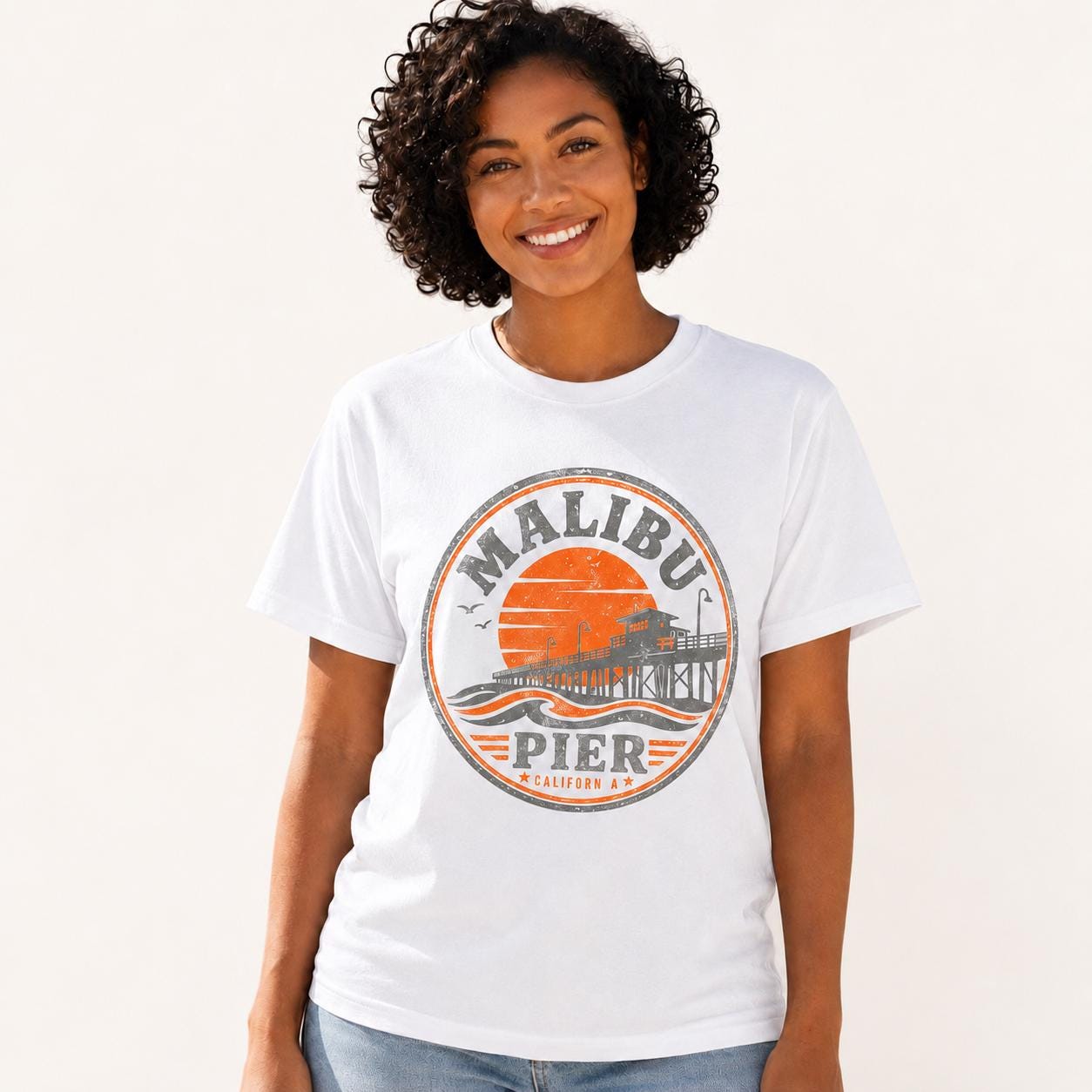 Malibu Pier California T-Shirt, Vintage Beach Graphic Tee, Retro Coastal Unisex Black