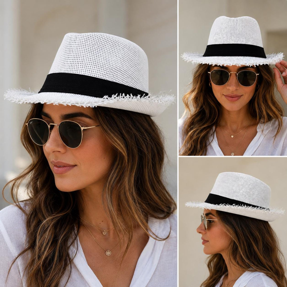 Woven Fedora Hat | Frayed Brim, Black Band, Unisex Summer Sun Hat