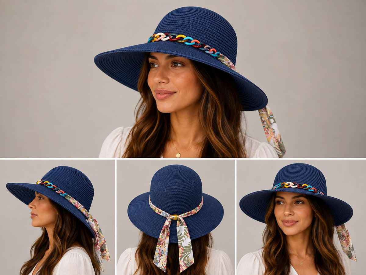Women's Wide Brim Straw Sun Hat with Chain Band & Floral Scarf Tie