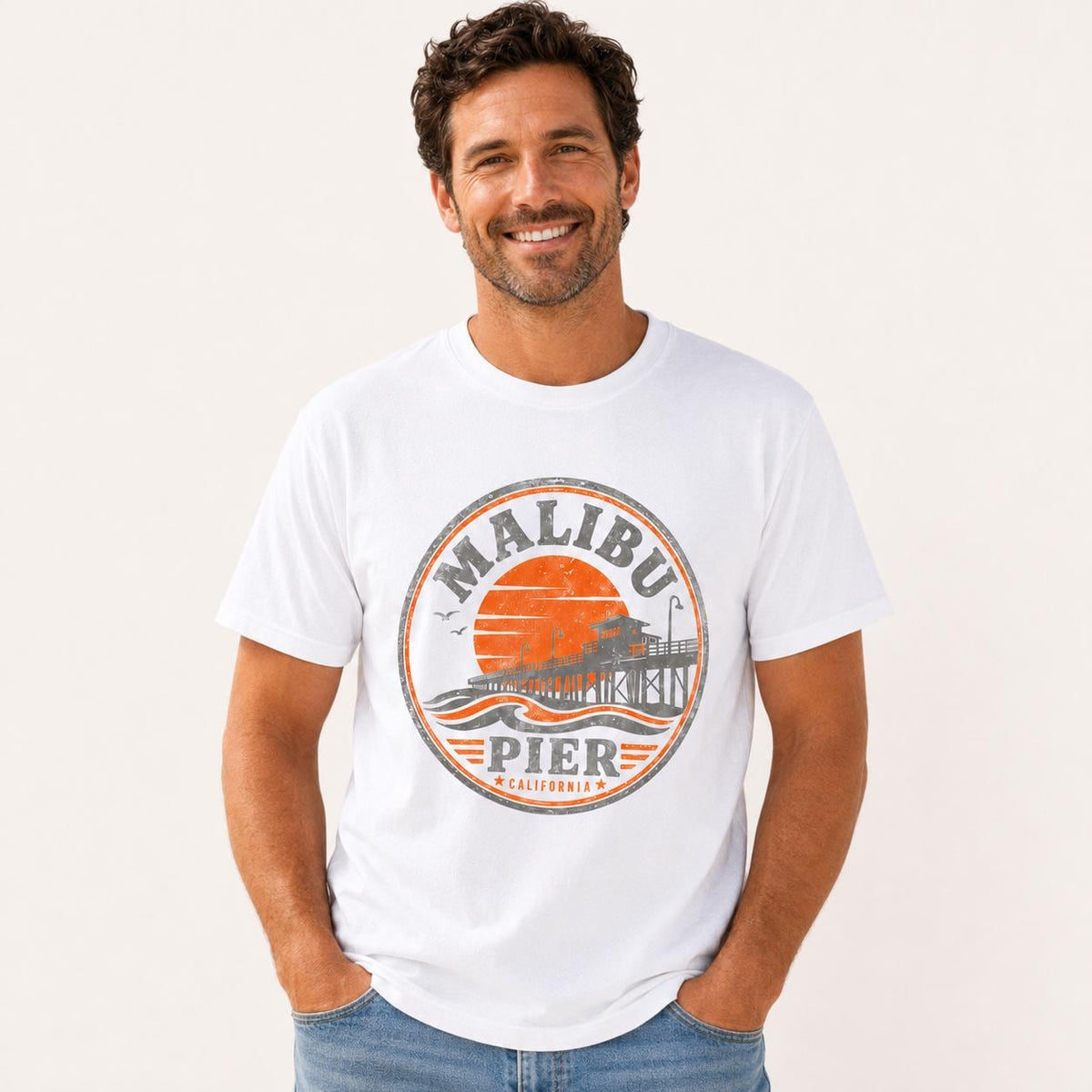 Malibu Pier California T-Shirt, Vintage Beach Graphic Tee, Retro Coastal Unisex Black