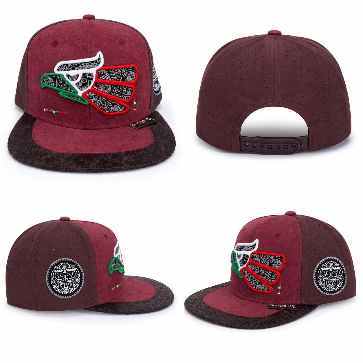 Embroidered Mexican Heritage Flat Bill Snapback Hat | Suede Aztec Patch Cap