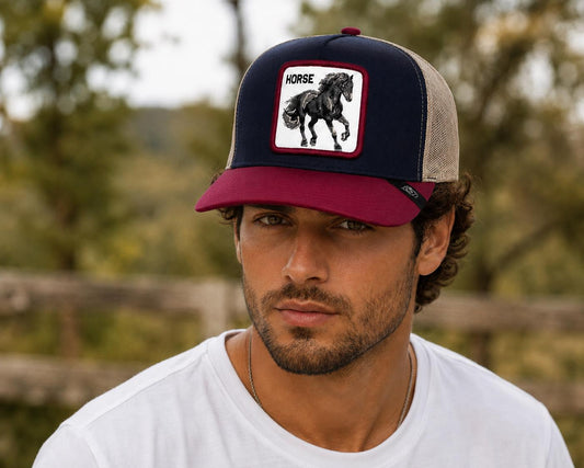 Horse Embroidered Trucker Snapback Hat | Navy & Burgundy Mesh Baseball Cap | Adjustable Western Animal Patch Cap | Unisex Casual Outdoor Hat