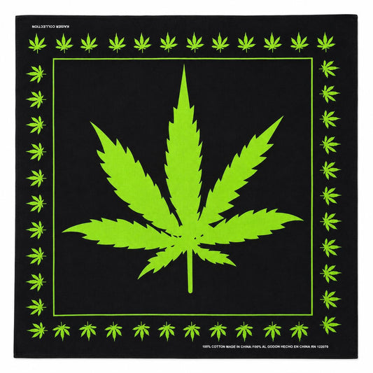 22x22 Black and Neon Green Cannabis Leaf Bandana, 100% Cotton Marijuana Print Head Scarf, Neck Scarf, Unisex Fashion Accessory