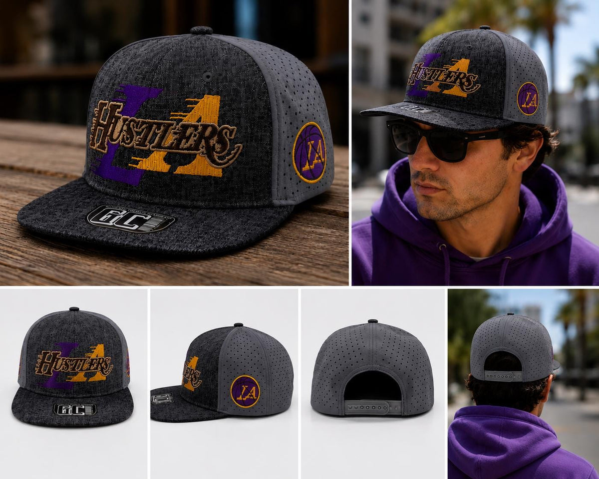 Vintage LA Hustlers Snapback Hat, Embroidered Basketball Cap, Purple Gold Streetwear