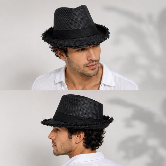 Woven Fedora Hat | Frayed Brim, Black Band, Unisex Summer Sun Hat