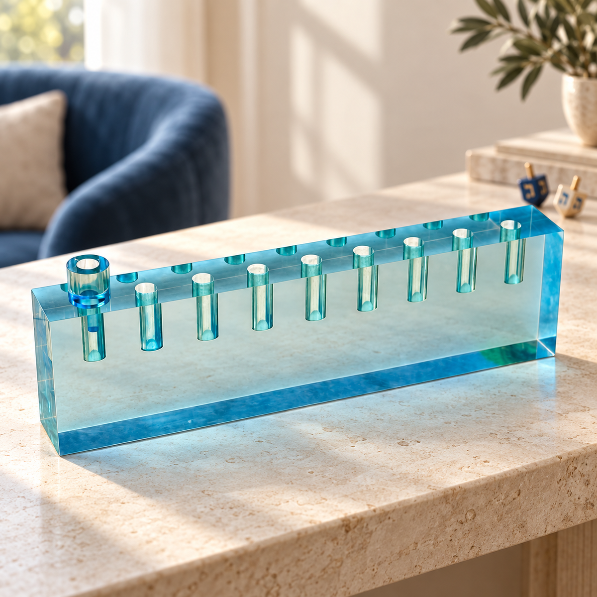 Blue lucite oil menorah displayed on a stone console in a bright modern home