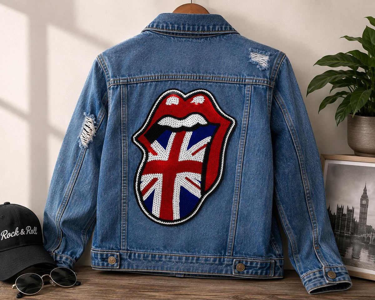 Large Sequin Union Jack Tongue Patch Red White Blue Rock Style Back Patch for Denim Jackets Vests Bags DIY Fashion