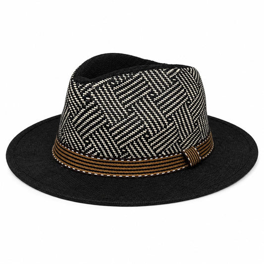 Woven Fedora Hat | Wide Brim Sun Protection, Geometric Crown, Striped Band