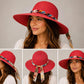 Women's Wide Brim Straw Sun Hat with Colorful Chain & Floral Scarf Tie