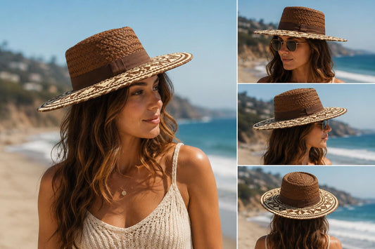 Handwoven Straw Fedora Hat | Geometric Patterned Wide Brim Sun Hat