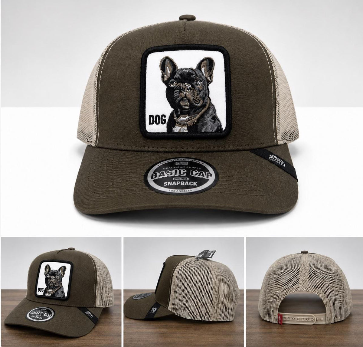 French Bulldog Trucker Hat | Olive & Khaki Mesh Snapback Cap | Embroidered Dog Patch Baseball Hat | Adjustable Unisex Outdoor Cap