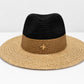 Two-Tone Straw Fedora Sun Hat with Gold Bee Charm | Wide Brim Summer Beach Accessory