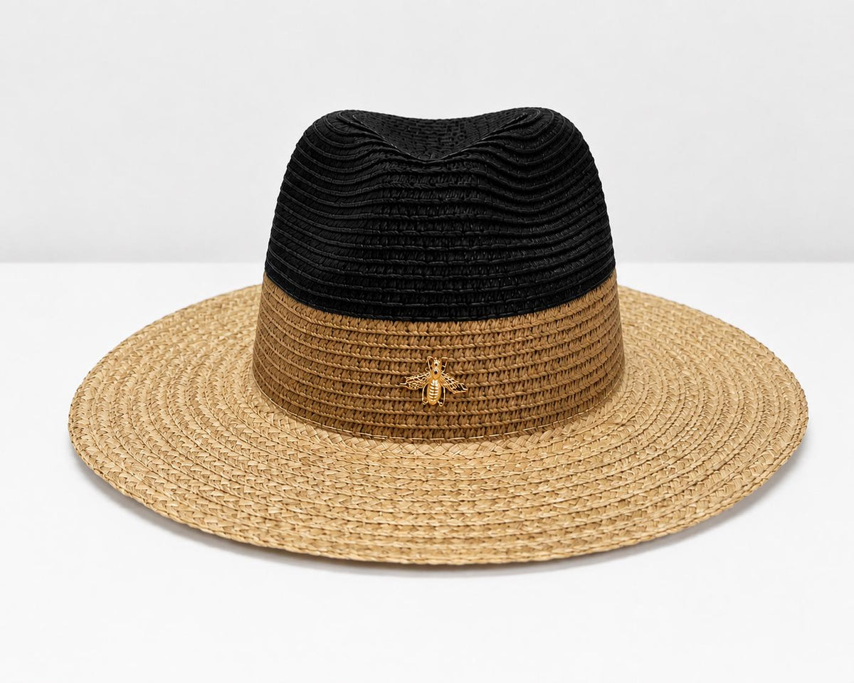 Two-Tone Straw Fedora Sun Hat with Gold Bee Charm | Wide Brim Summer Beach Accessory