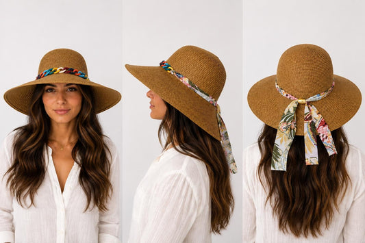 Women's Wide Brim Straw Sun Hat with Colorful Chain Band & Floral Scarf Tie