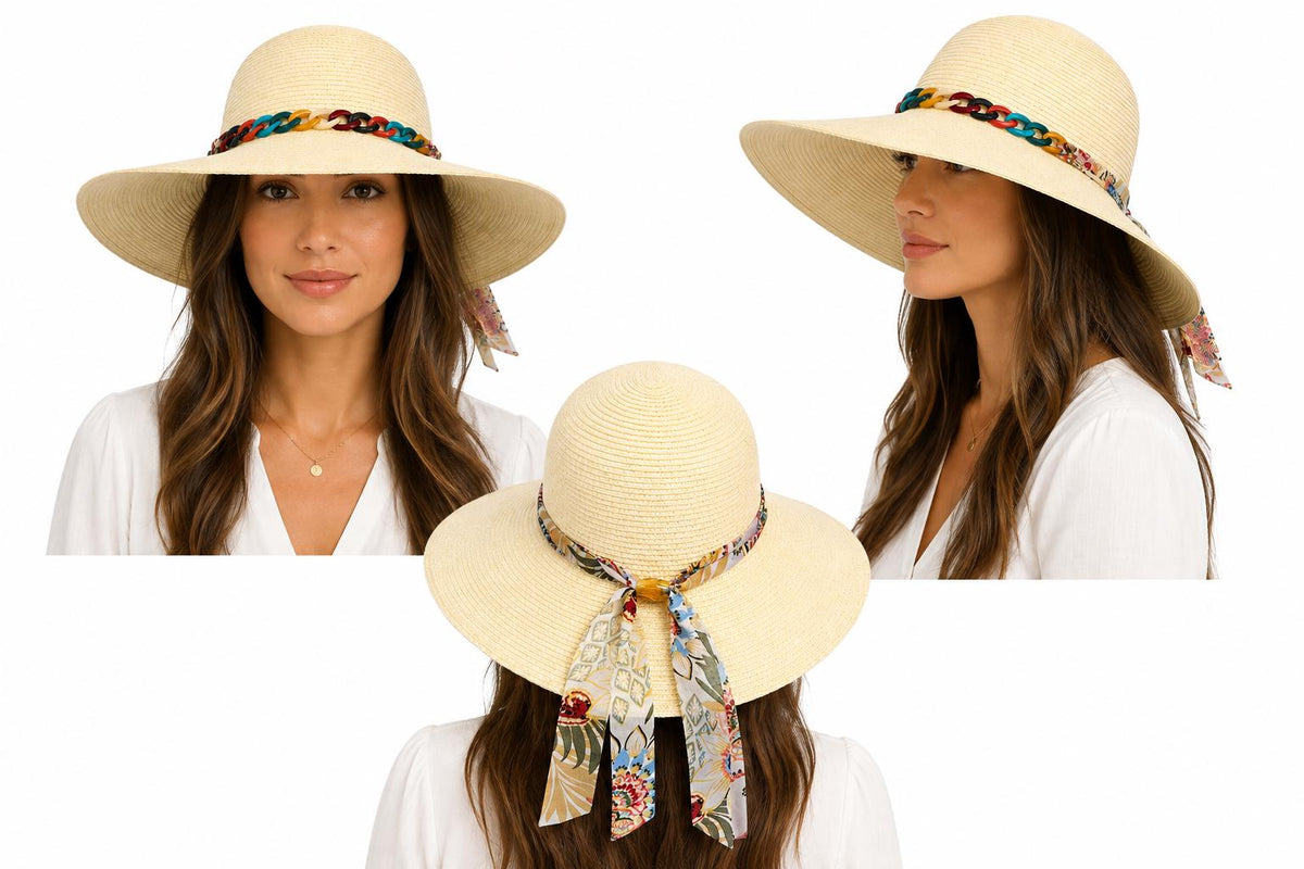 Women's Wide Brim Straw Sun Hat with Chain Band & Floral Scarf Tie