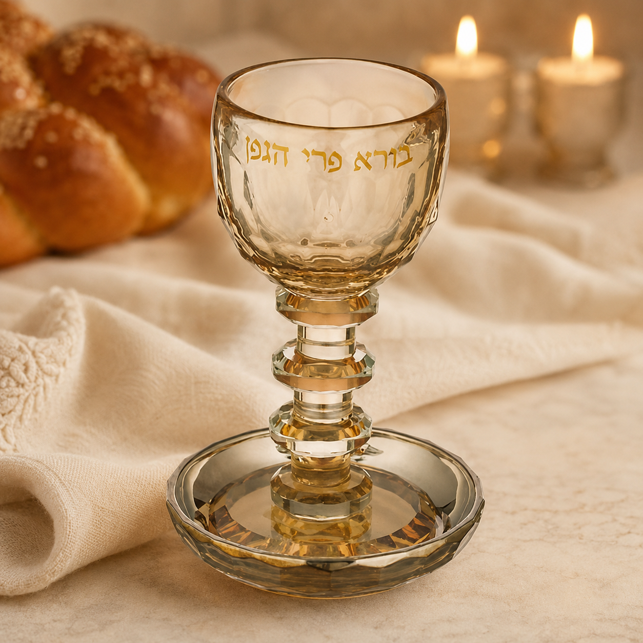 Gold-tinted crystal Kiddush cup and saucer with Hebrew blessing staged for Shabbat