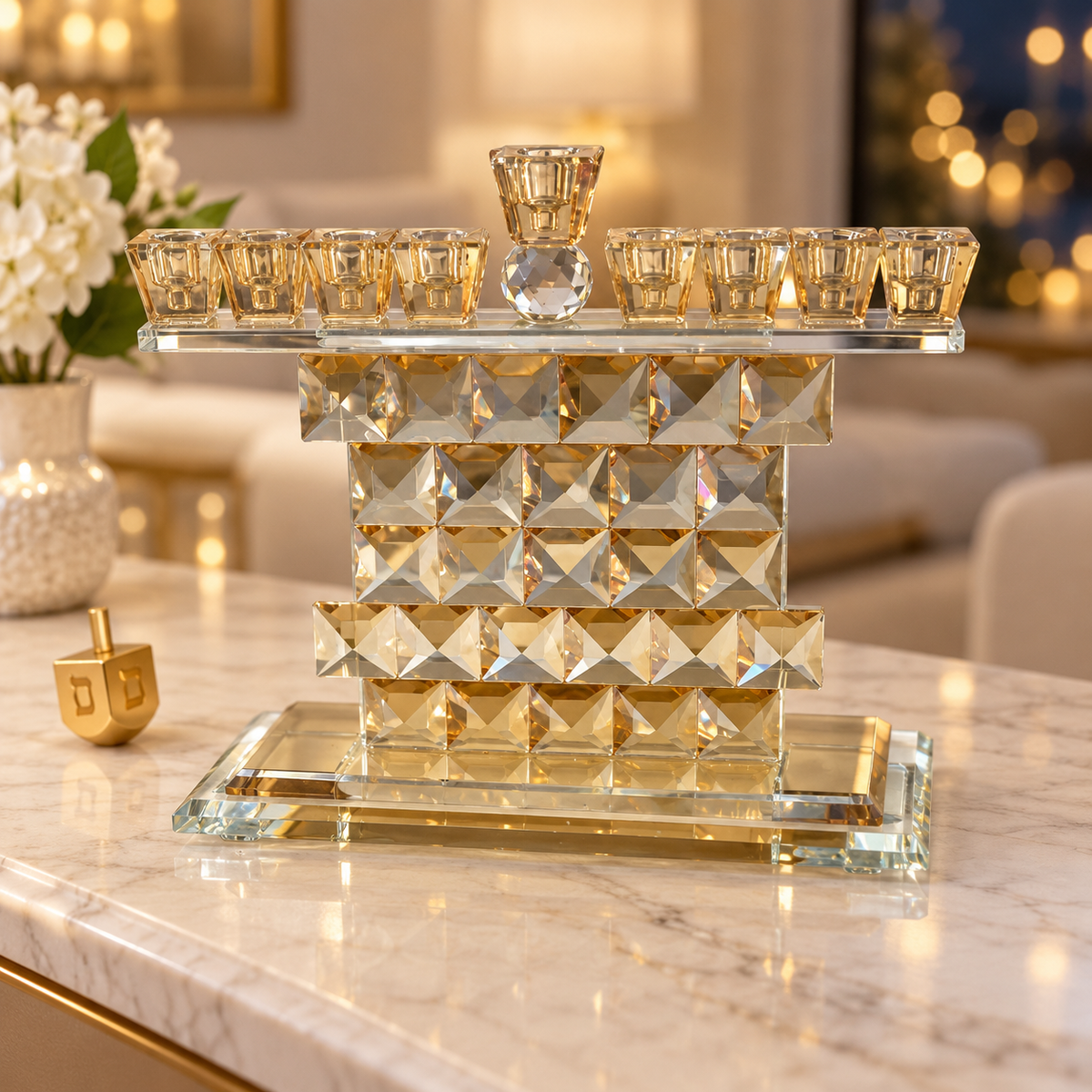Gold geometric crystal Hanukkah menorah displayed on a marble console in a warmly lit home
