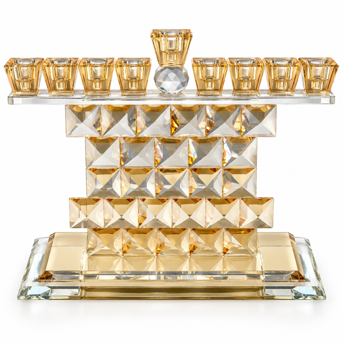 Gold geometric crystal Hanukkah menorah with amber-gold glass holders, faceted crystal body and a raised central shamash on a white background