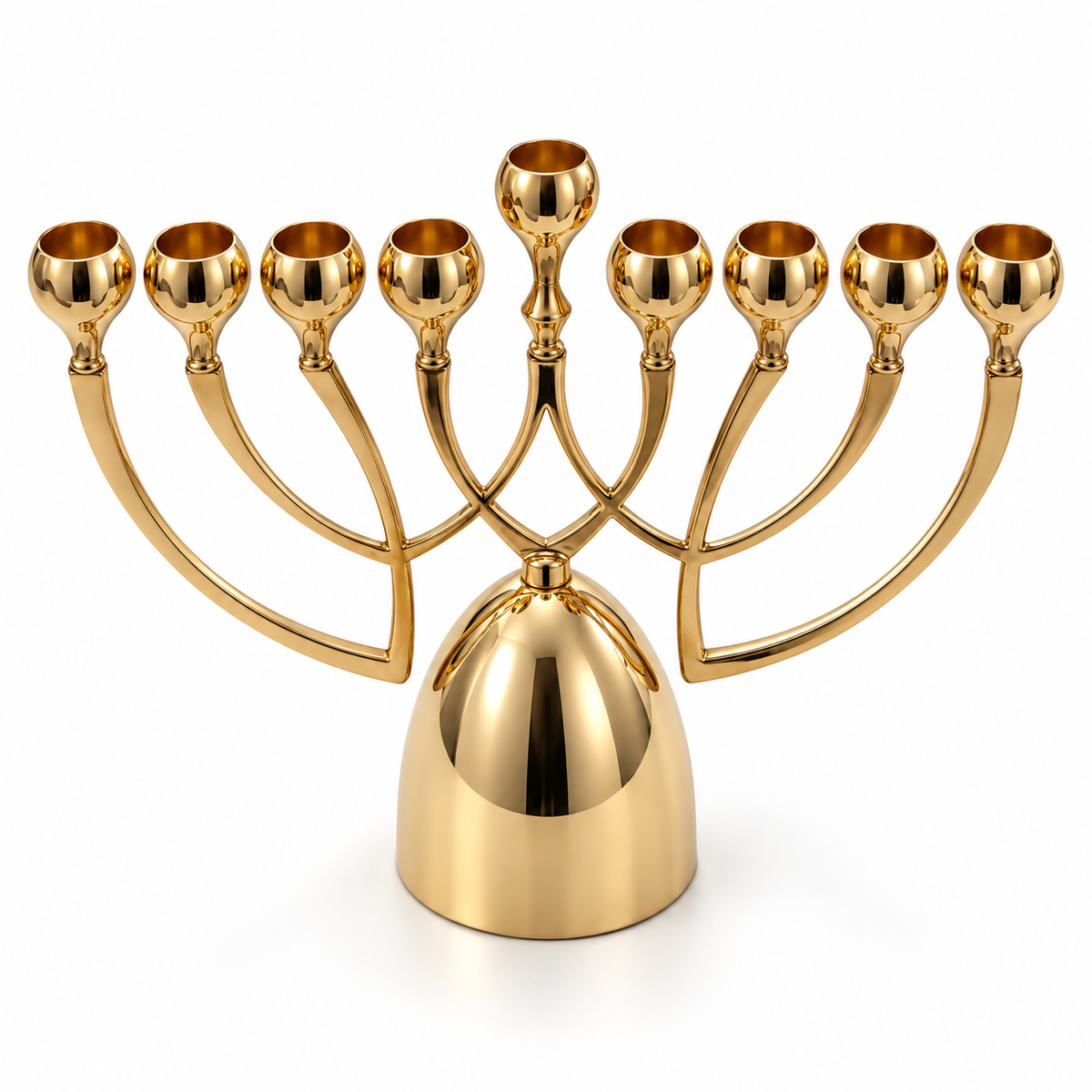 Gold-plated aluminum Hanukkah menorah, elevated view showing nine cup-shaped holders