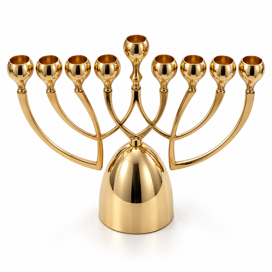 Gold-plated aluminum Hanukkah menorah, elevated view showing nine cup-shaped holders