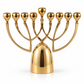 Gold-plated aluminum Hanukkah menorah with curved arms and raised shamash, front view