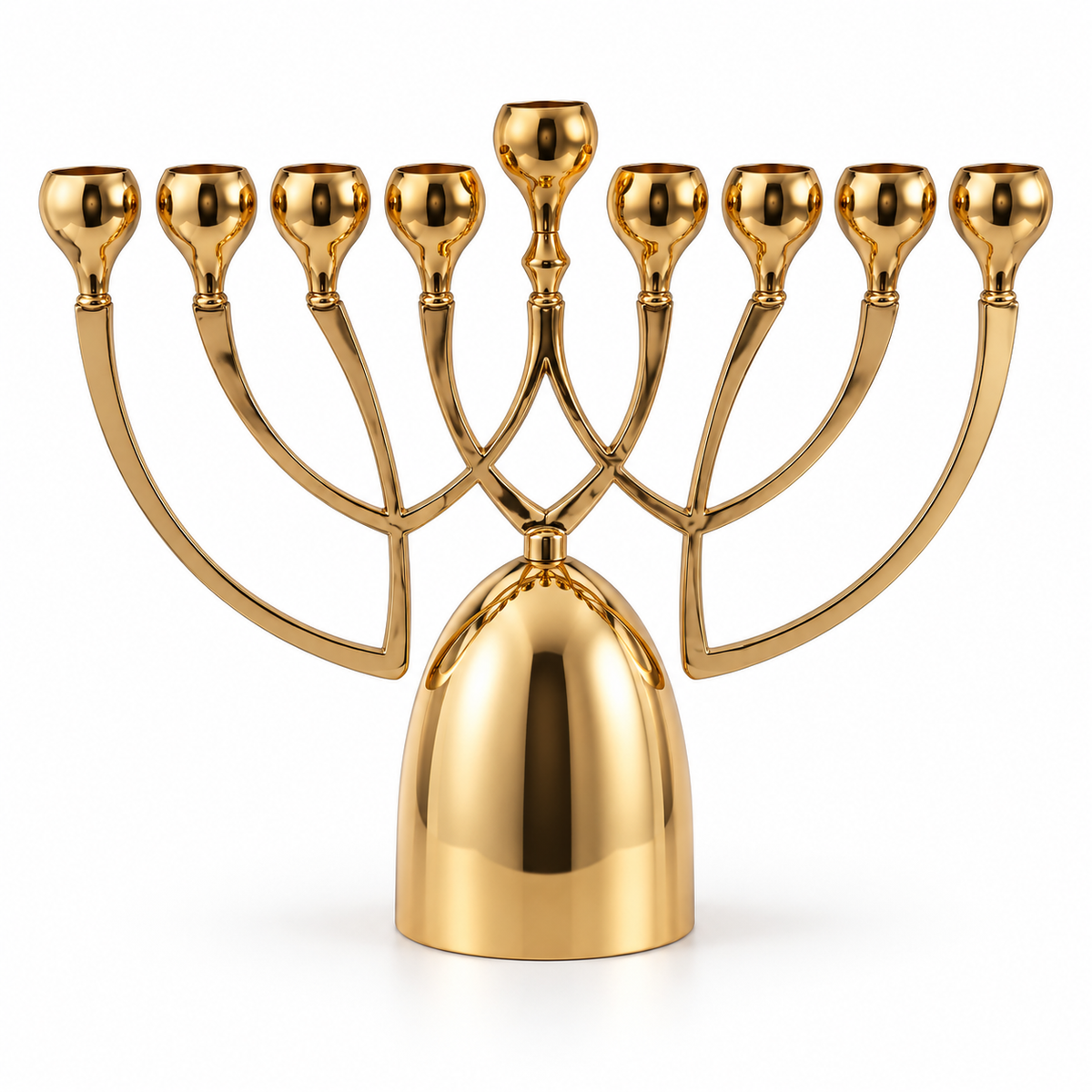 Gold-plated aluminum Hanukkah menorah with curved arms and raised shamash, front view