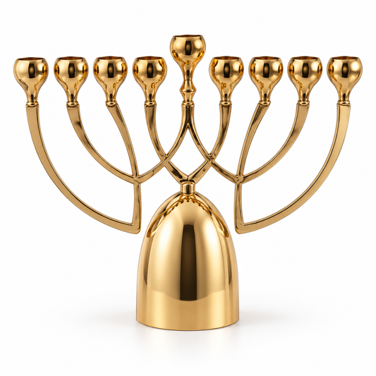 Gold-plated aluminum Hanukkah menorah with curved arms and raised shamash, front view