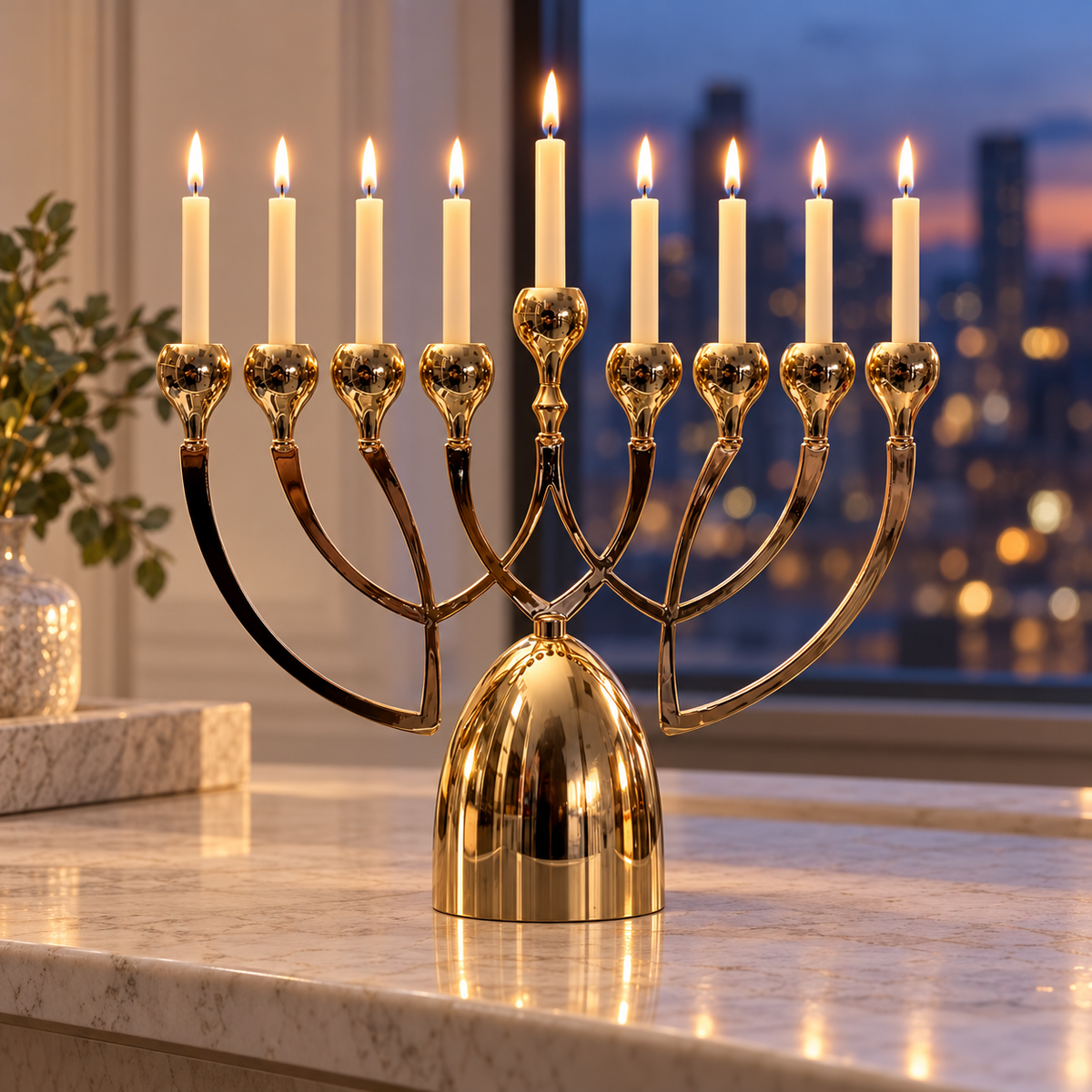 Gold-plated aluminum Hanukkah menorah with nine lit ivory candles on a marble console by an evening window
