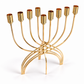 Gold stainless steel Hanukkah menorah showing nine open oil-cup holders, angled view on a clean white background
