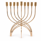 Gold stainless steel Hanukkah menorah for oil cups, front view on a clean white background