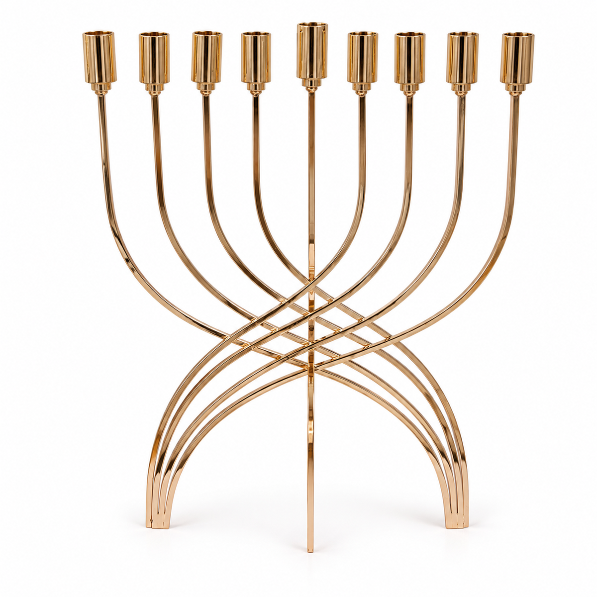 Gold stainless steel Hanukkah menorah for oil cups, front view on a clean white background