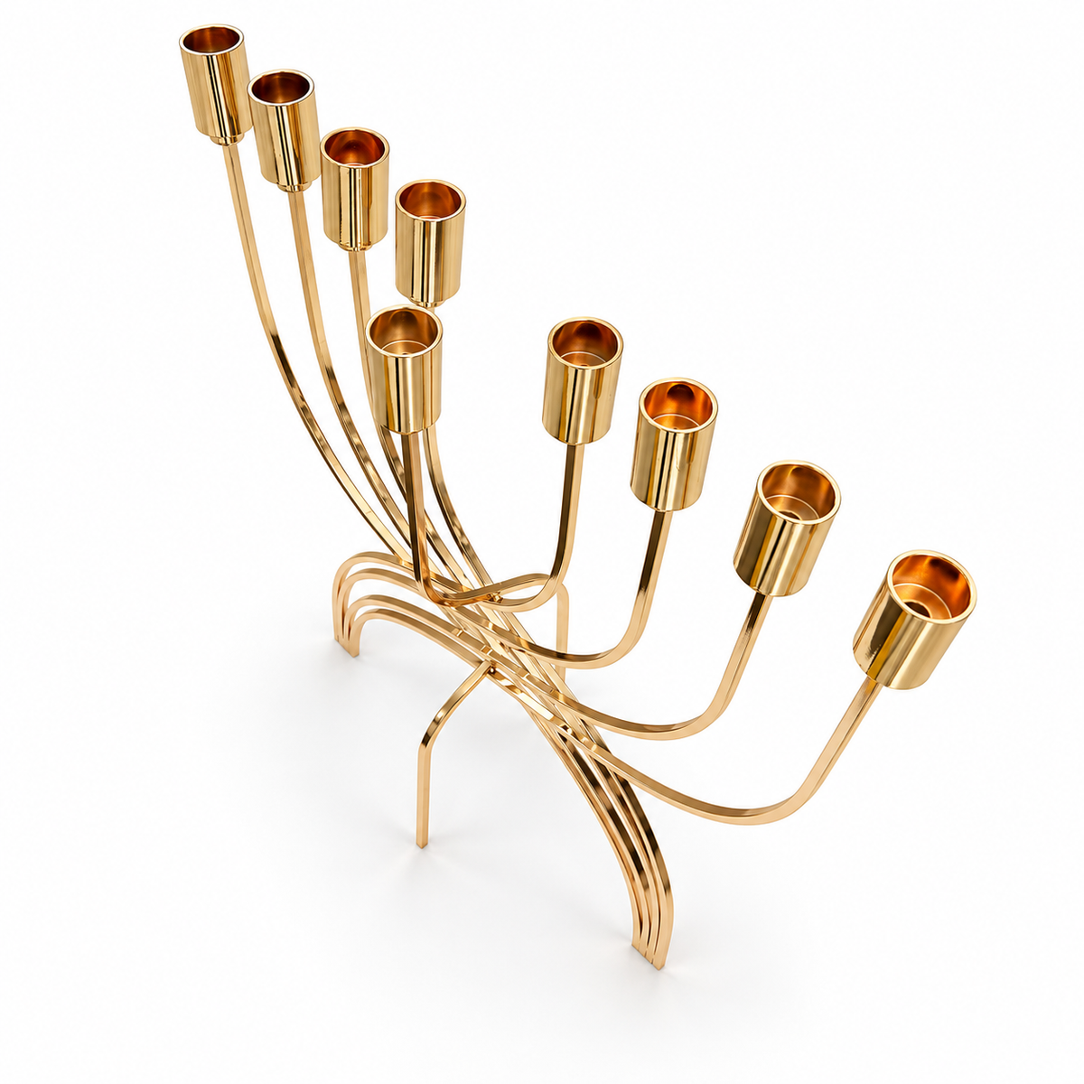 Gold stainless steel Hanukkah menorah showing nine open oil-cup holders, overhead view on a clean white background