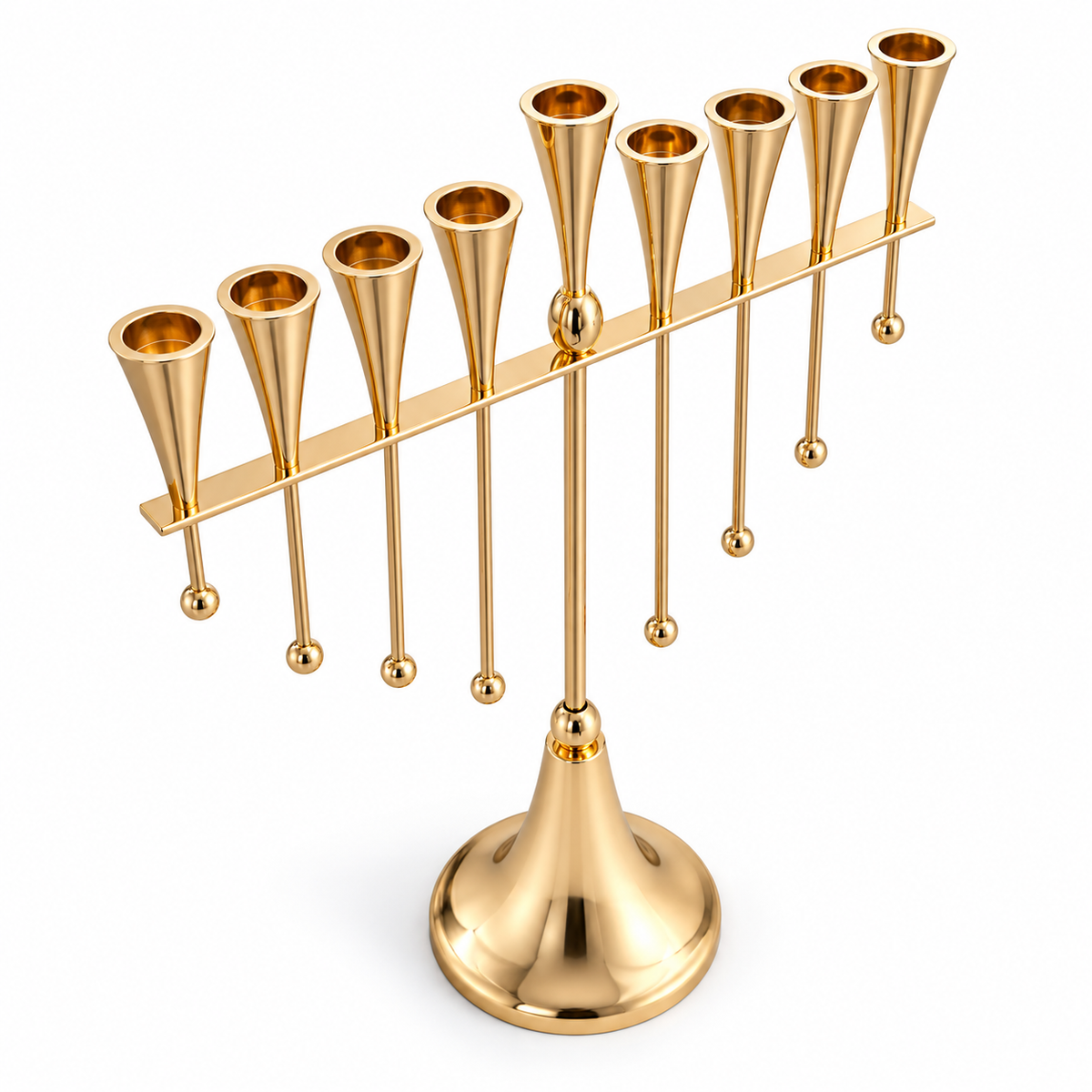 Gold-tone menorah for oil cups with nine tapered holders and eight hanging ball details, angled view