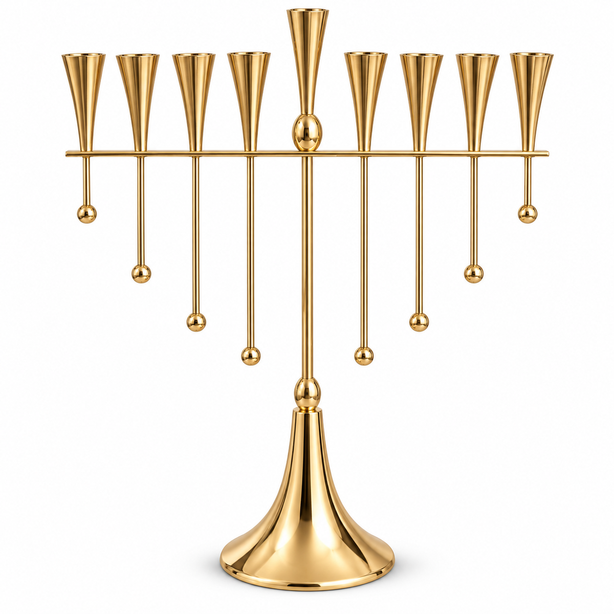 Gold-tone menorah for oil cups with nine tapered holders and eight hanging ball details, front view