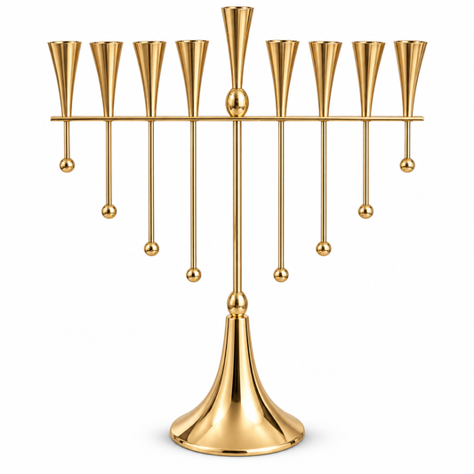 Gold-tone menorah for oil cups with nine tapered holders and eight hanging ball details, front view