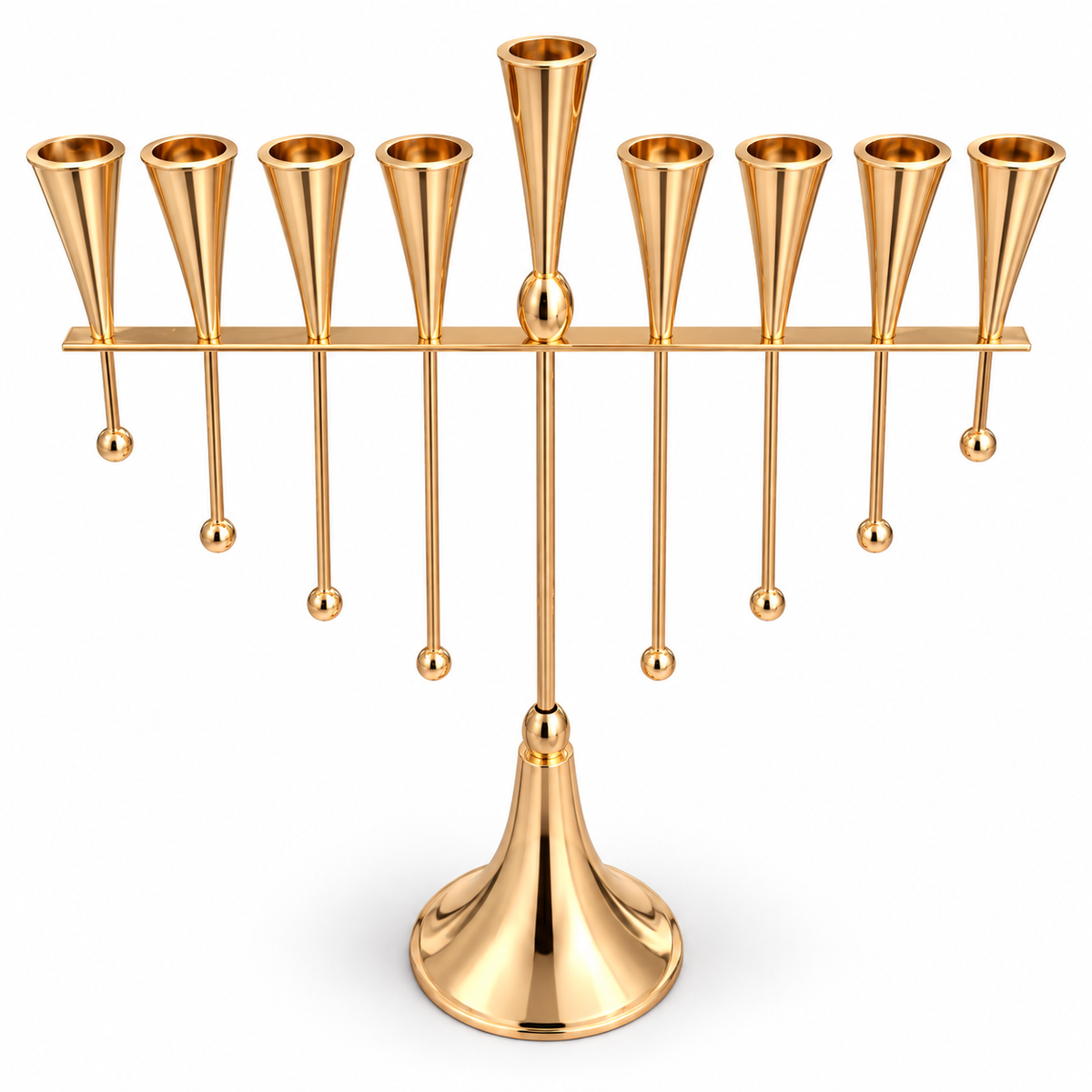 Gold-tone menorah for oil cups with nine tapered holders and eight hanging ball details, elevated front view