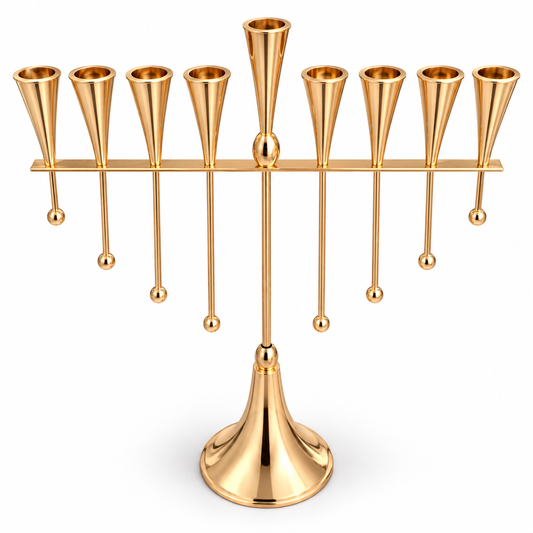 Gold-tone menorah for oil cups with nine tapered holders and eight hanging ball details, elevated front view