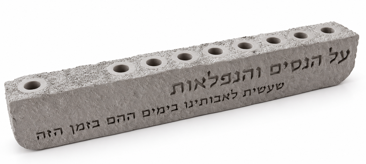 Close view of textured gray concrete hanukkiah and engraved Al Hanissim Hebrew inscription
