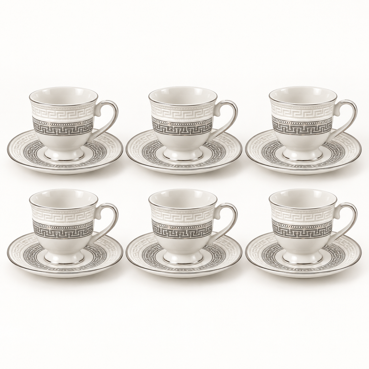 Gray Greek-key 12-piece coffee set with six cups and six saucers