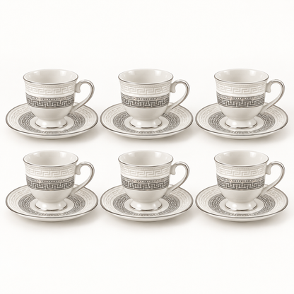 Gray Greek-key 12-piece coffee set with six cups and six saucers