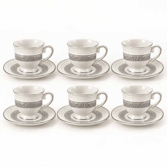 Gray Greek-key 12-piece coffee set with six cups and six saucers