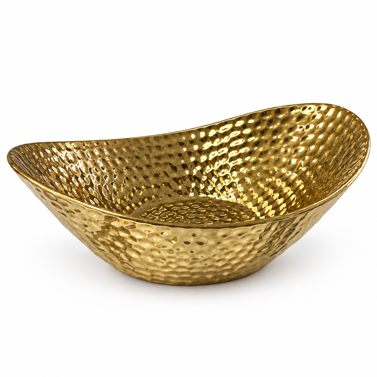 Hammered gold ceramic serving bowl on a clean white background